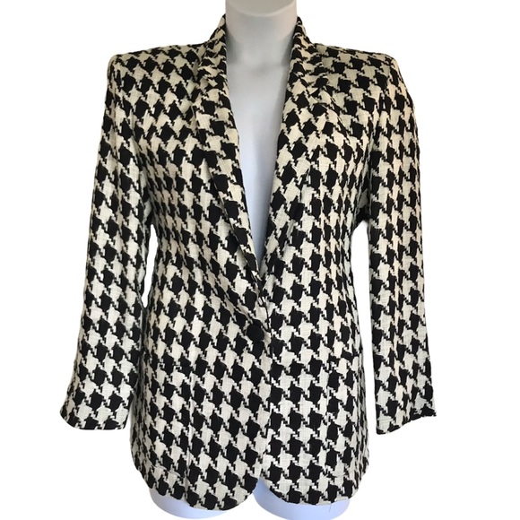 Vintage Jackets & Blazers - Vtg 80s Woven Houndstooth Blazer w Shoulder Pads M